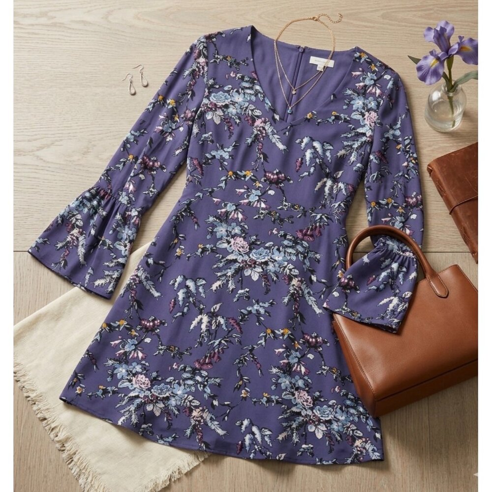 Loft Floral Bell Sleeve V-Neck Dress In Purple Womens Size S